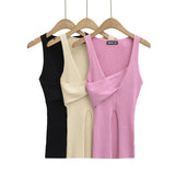 Daiiibabyyy  Stylish Cross-over Irregular Neckline Sleeveless Knitted Vest For Women Niche Sexy Slit Slim-fit Top CasualPure Desire 0FY1