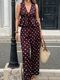 Daiiibabyyy  Women Casual Sleeveless Hight Waist Long Pant Sets Retro Polka Dot Summer Outfits Sexy Deep V-neck Tops & Wide Legger Pant Suit