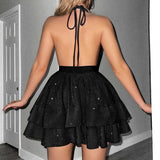 Daiiibabyyy  Women Elegant Bright Glitter Slim Mini A-line Dress Fashion Ruffled Hollow Short Dress Sexy Deep V-neck Halter Club Party Dress