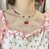 DAIIIBABYYY  -  Korean Fashion Retro Goth Beaded Cherry Pendant Necklace For Women Egirl Aesthetic Grunge Y2k 90s Jewelry Accessories