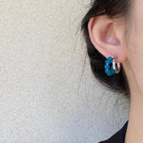 Daiiibabyyy  Blue Glass Beads Silver C-shaped Stud Earrings Temperament Vintage Earrings for Women Daily Party Fashion Jewelry