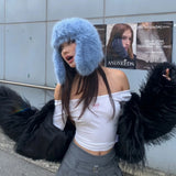 Daiiibabyyy  Fluffy Imitation Mink Fur Bomber Hats Men's Autumn and Winter Korean Version Plush Pilot Hat Female Ins Blogger Cycling Cold Hat