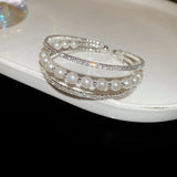 Daiiibabyyy  Diamond-inlaid Pearl Multi-layer Open Bangles  for Women European American Exquisite Temperament Bracelet Light Luxury Jewelry