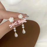 Daiiibabyyy  Korean Fashion Charm White Bowknot Stud Earring for Women Temperament Pearls Bow Heart Earrings Party Jewelry Accessories Gift