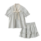 DAIIIBABYYY  -  Sweet Girl Lace Spliced Bow Vertical Striped Short-sleeevd Shirts + Summer High Waist Fungus Edged Short Skirts Two-piece Set