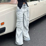 Daiiibabyyy Straight Casual Multi-pocket Paneled Cargo Jeans Women Fashion Washed Wide Leg Pants High-waisted High Street Y2k Trousers