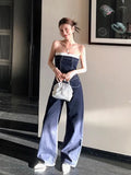 DAIIIBABYYY  -  Pants Set Women's Summer Blue Contrasting Strapless Hot Girl Top High Waist Slimming Denim Pants Two-piece Set Female Clothes