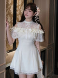 Daiiibabyyy  Japanese Sweet Off Shoulder Bow Dresses Y2k Aesthetic Lace Patchwork Grunge Vestidos Harajuku Women A-Line Ruffled Mini Dress