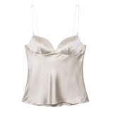 Daiiibabyyy  Backless Suspenders Heart Shaped Collar Satin Textured Top Women's Summer Gentle Temperament Solid Color Self Cultivation Sling