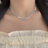 Daiiibabyyy  Fresh Blue Seed Beads Pearl Stone Clavicle Chain Summer Dopamine Beaded Necklace For Women and Girls Holiday Daily Jewelry