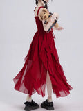 Daiiibabyyy Red Long Dresses Women Summer Spaghetti Strap Dress Female Korean Fashion Pleated Dress Ladies Irregular Ruffle Split Vestidos