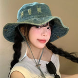 DAIIIBABYYY  -  Japanese High Quality Spring and Autumn Sunshade Bucket Hat Men and Women Big Head Outdoor Big Brim Windproof Lace-up Denim Cap