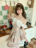 DAIIIBABYYY  -  Japan Short Lolita Pink Castle Love Letter Lace Design Feeling One Shoulder Bow Splice Waist Closing Dress Women 2024 New
