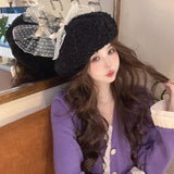 Daiiibabyyy Korean Fashionable Lamb Wool Sweet Lace Bow Winter Beret Hat High-end Women Warm Painter Hat