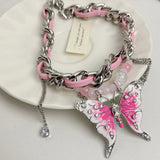 DAIIIBABYYY  -  Sweet Cool Dopamine Gradient Pink Butterfly Leather Chain Wrap Necklace