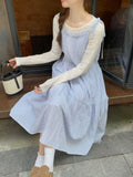 Daiiibabyyy  Korean Style Dress Set Women Spring Gentle Long Plaid Slip Dress Layered Lace Long Sleeve T-shirt Two Piece Set Women Outfits