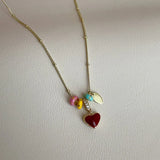 Daiiibabyyy  Cute Romantic Multicolor Enamel Circle Red Heart CZ Zircon Pendant Necklaces for Women Gold Plated Chain Chokers