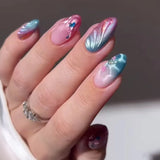 Daiiibabyyy  24pcs Manicure Long Almond False Nails Aurora Wave French Press on Nails Flower Starburst Detachable Fake Nials DIY