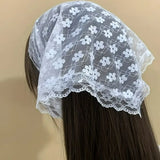 Daiiibabyyy  Summer Flower White Sweet Triangle Scarf Thin Breathable Ribbon Lace Flower Elegant Korean Ins Lace Artistic Style Travel Photo