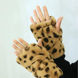 Daiiibabyyy  Imitation Rabbit Hair Leopard Print Half-Finger Gloves WinterPlush Warm Gloves Outdoor Cycling Driving Fingerless Gloves Women