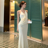 Daiiibabyyy  2026 French Fashionable Elegant Satin Evening Gown Women's Backless V-neck Halter Camisole Long Dress Sexy Chic Banquet Gown