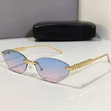 Daiiibabyyy  Retro Frameless Trimmed Cat Eye Rivet Small Frame Sunglasses for Men and Women Round Face Slimming Hip-hop Trampoline Sunglasses