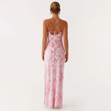 Daiiibabyyy  Women Summer Glitter Sequin Beaded Flower Cami Dress Slim High Split Spaghetti Strap Open Back Long Dresses for Party Club