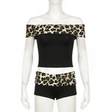 Daiiibabyyy 2024 Summer Leopard Patchwork Sexy Spicy Girls Slim 2 Piece Set Women Slash Neck Long Sleeve Crop Top Low Waist Skinny Shorts