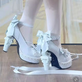 Daiiibabyyy  Original Egg Tart Heart High Heel Lolita Shoes with  Knot Silk Ribbon and Unique Shape Heel for Women