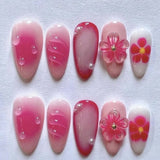 Daiiibabyyy  24pcs Wearable Fake Nails Pink Long Almond False Nail Flower Starfish Pattern Design Press on Nails Pearl Full Cover Nail Tips