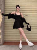 Daiiibabyyy  Two Piece Sets Women Clothing Sun Protection Crop Korean Cardigan + Fashion A-Line Mini Slip Dress Autumn Y2k Solid Color Suit