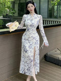 DAIIIBABYYY  -  Autumn Floral Mesh Long Sleeve Chic Bow Collar Long Dress Women Elegant Bodycon Slit Dress 2025 Korean Fashion Party Night Dress
