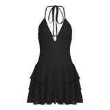Daiiibabyyy  Hottie Lace Dress Summer Holiday Rave Party New Outfit Halter V-neck High Waist Open Back Solid Lacing Pleated Mini Dresses
