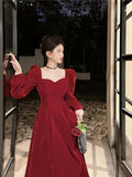 Daiiibabyyy  Vintage Elegant Velvet Long Dress for Woman Autumn New Square Collar Puff Sleeves A Line Party Dresses Party Evening Vestidos