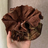 Daiiibabyyy  1PCPlaid Lace Scrunchie Vintage Brown Ruffled Double-layer Fabric Hair Tie Elegant Hair Accessory For Women Girl Daily Party Use