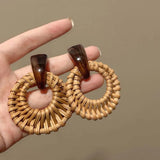 Daiiibabyyy  Vintage Brown Round Rattan Weave Earrings For Women Exaggerated Large Circle Geometric Earrings Jewelry Accessories