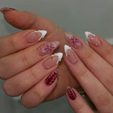 Daiiibabyyy  24Pcs French White Gradient Almond Press on Nails Flower Pattern False Nails with 3D Rhinestone Design Fake Nail Art