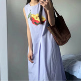 DAIIIBABYYY  -  Korean Commute Summer New Women's Round Neck Loose Printed Patchwork Sleeveless Solid Color Straight Casual Midi A-line Dresses