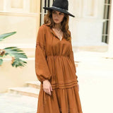 Daiiibabyyy Lantern Sleeve Flippy Hem Dress V-neck long sleeve spring summer dress new maxi boho dress women