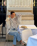 Daiiibabyyy  Polka Dot Tie-Strap Semi-Transparent Lantern Sleeve Women Blouse Elegant Loose Fashionable With Multiple Styles Long-sleeved Top
