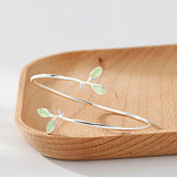Daiiibabyyy 925 Stamp Silver Color Bangle for Women Green Opal Leaf Twigs Branch Jewelry Girls' Gift Dropshipping