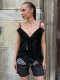 Daiiibabyyy  Women Sexy Stain Ruffled Strap Top Lady Chic Lace Up See Though Thin Short Shirt New Summer Vacation Daily Street Blouse