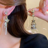Daiiibabyyy  Retro Art Design Bird In Cage Pearl Tassel Asymmetric Earrings Women's Personalized Charm Jewelry Creative Gifts