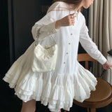 Daiiibabyyy  Autumn New White  Big Skirt Three-dimensional Waist Bottom Long Sleeve Shirt Dress  dresses for women
