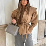 DAIIIBABYYY  -  Women's Autumn And Winter New Fashion Waist Strapped Suede Jacket Female Elegant Pocket Decorated High Street Casual Coat