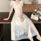 DAIIIBABYYY  -  Lace Patchwork Design V-neck Short Sleeved Dress New French Style Gentle Women's Tie Up Clothing Slim Waist Stylish Long Dresses