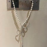 Daiiibabyyy  Beaded Bow Imitation Pearl Strap Necklace Rivets Tassels Round Beads Punk Street Hip-Hop Choker Necklace Design Sense Jewelry