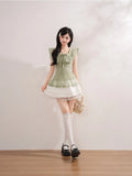 Daiiibabyyy  Vintage Japanese Square Collar Short Sleeve Solid Lace Patchwork Bow Women Blouse
