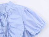 Daiiibabyyy  Light Blue Vintage Blouses Women Stand Collar Tie Neck Ruched Front Puff Short Sleeve Fitted Silhouette Tops Street Wear