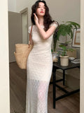 Daiiibabyyy Elegant Mesh Two Piece Dress Set Slim Midi Dresses for Women Frence Retro Lace Y2K Bodycon Birthday Party Dress Prom Vestidos
